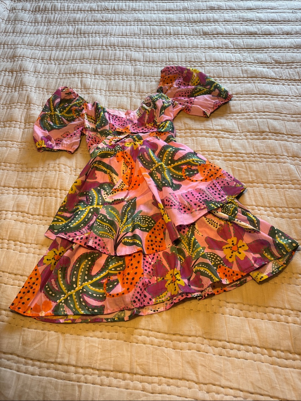 Women and Girls Pink Floral Tiered Dress with Puff Sleeves and Toe Back